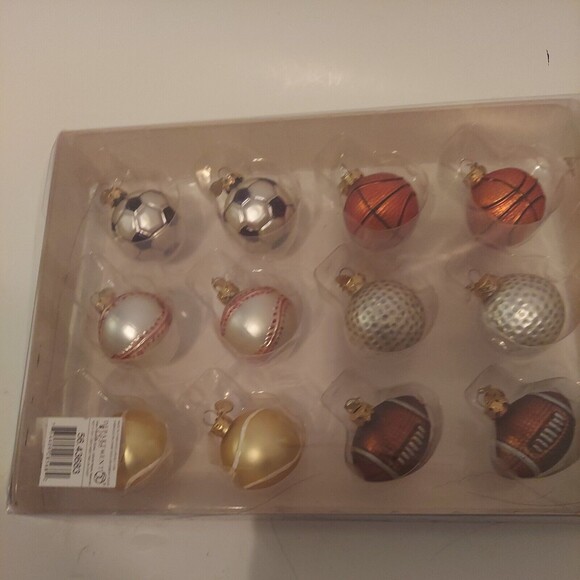 Glass Mini Ornaments Sports Ball Christmas 12 Pc Set Vintage 2" Football Soccer - Picture 13 of 13